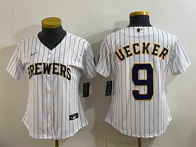 Women's White Milwaukee Brewers #9 Bob Uecker Cool Base Stitched Jersey(Run Small)